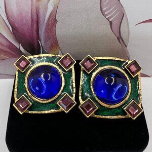 Gemcraft Cobalt Cabochon Art Deco Square CLIP Earrings